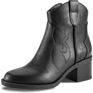 Women's Polyurethane Black Embroidered Round Toe Short Ankle Chunky Heel Boots